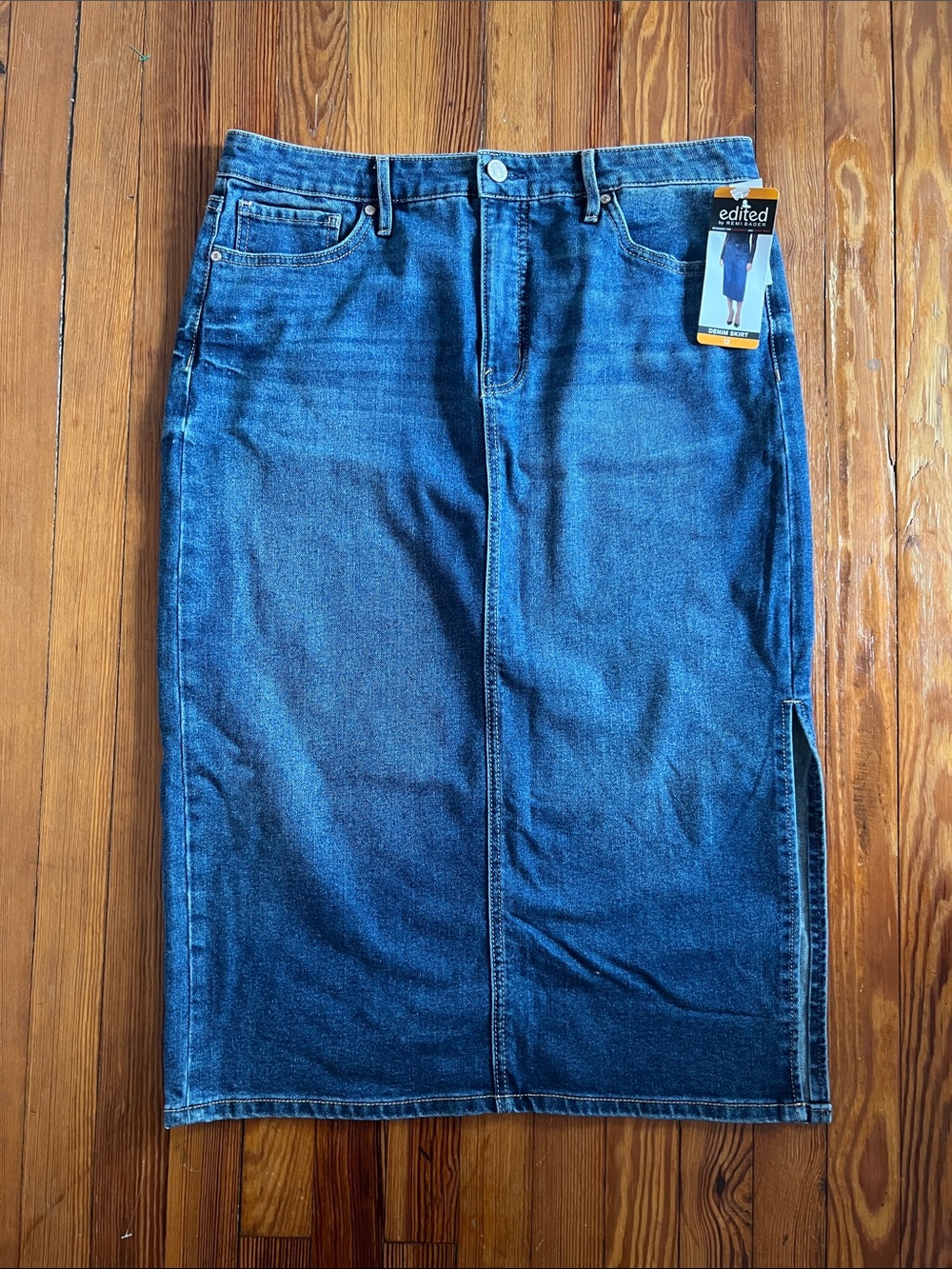NWT Edited by Remi Bader Classic Blue Denim Midi Skirt Side Slit Size 12